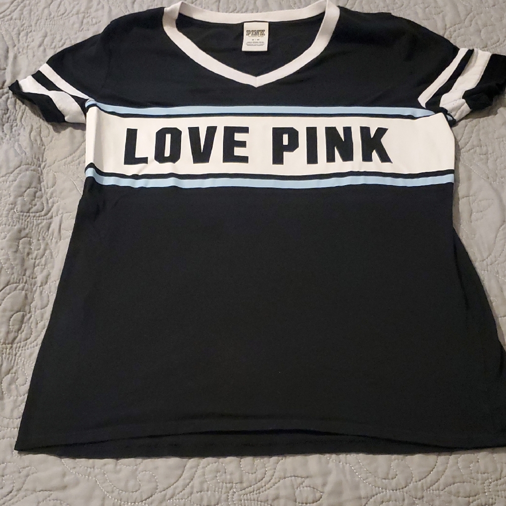 Victoria's Secret PINK Black & White Logo Label Tee Size MED